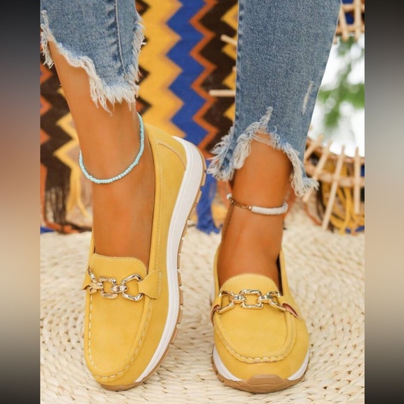 Women's Mustard Vegan Leather Loafers with Gold Buckle